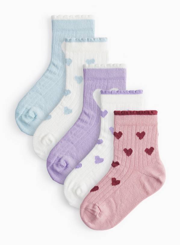 Ribbed Heart Print Socks 5 Pack 3-5.5